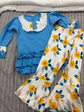 Blue Ruffle Top & Yellow Floral Bell-Bottom Pajama Set by